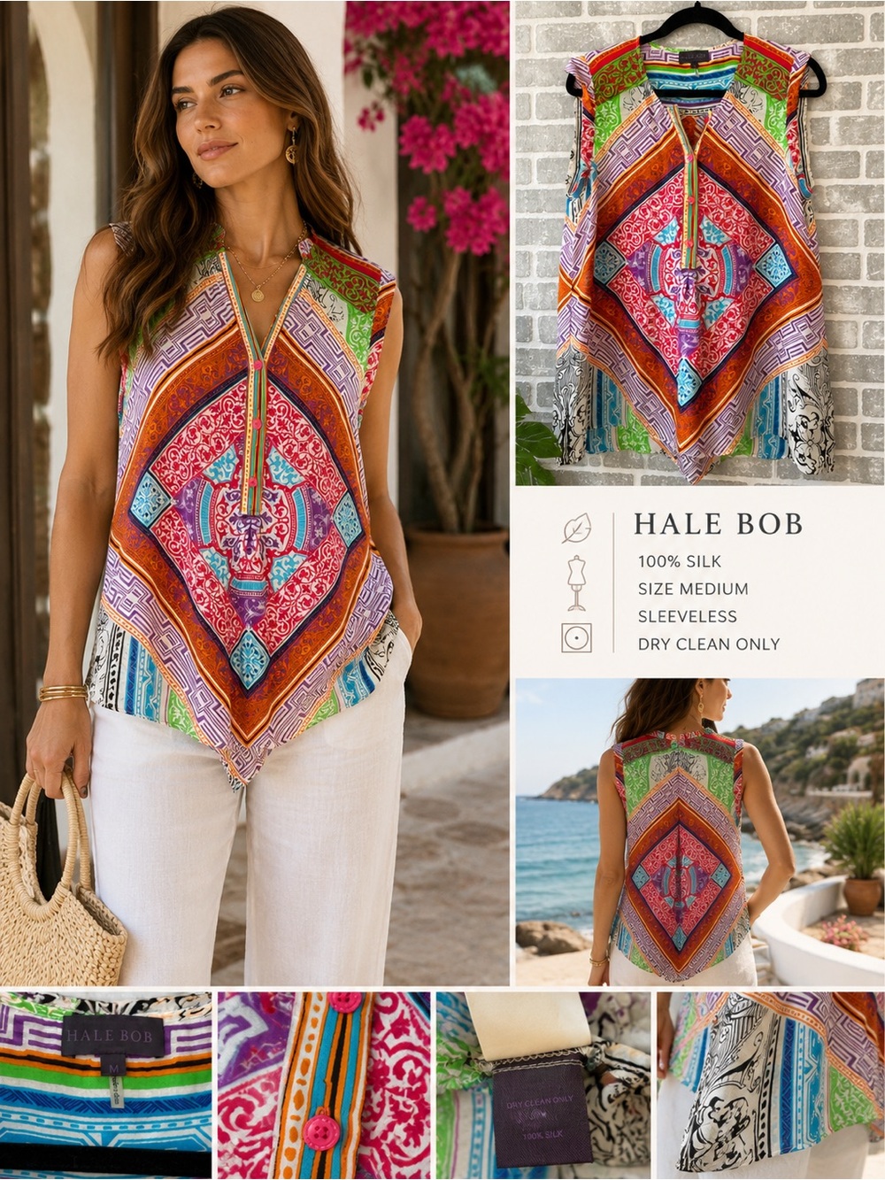 Hale Bob 100% Silk‎ Multicolor Print Sleeveless Blouse Top M Boho Luxe Resort